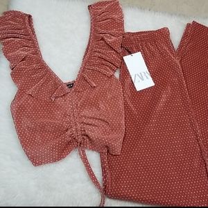 Zara NWT Mauve polka dot pleated set